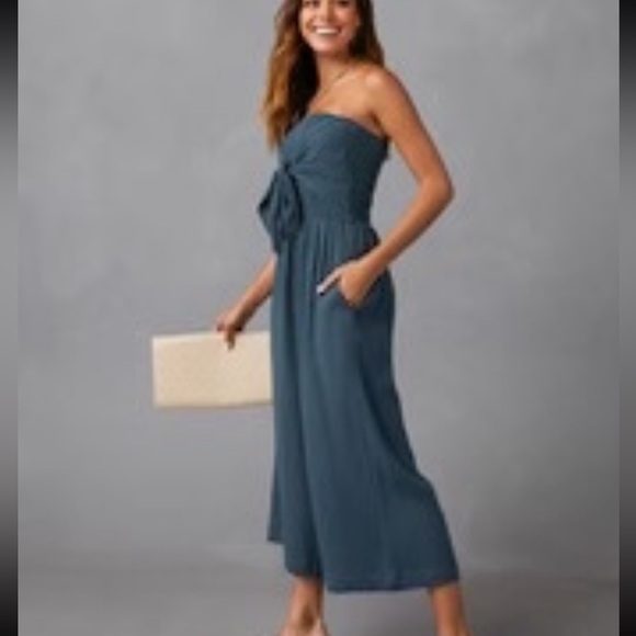 NWT VICI GRADE & GATHER ZAIA SMOCKED STRAPLESS JUMPSUIT IN LAKE BLUE SZ S - Picture 2 of 5
